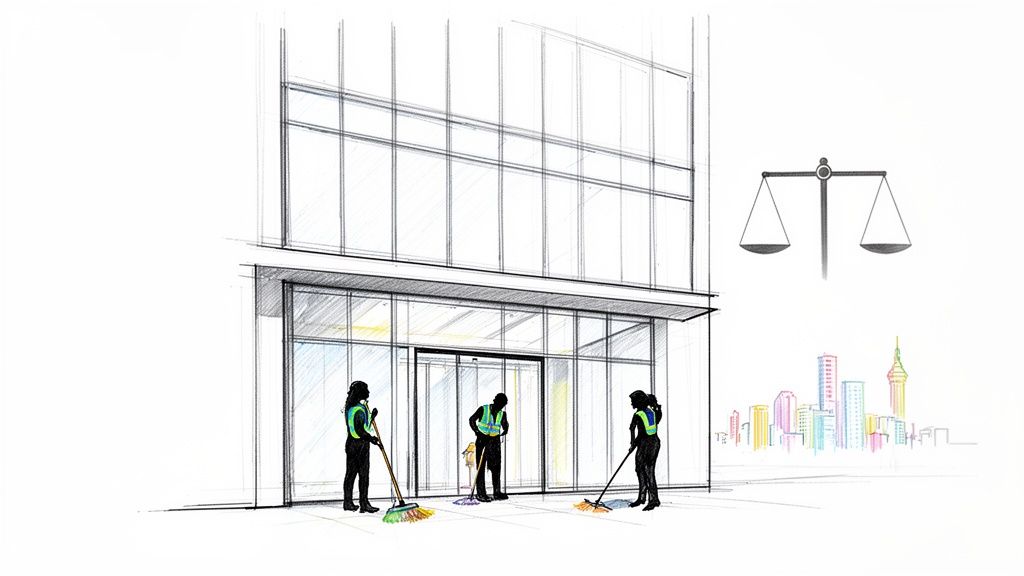 Three cleaners in reflective vests sweeping the entrance of a modern glass office building.