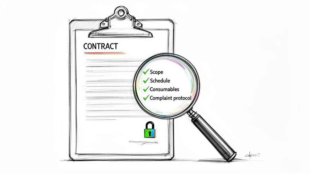 Sketch of a contract document on a clipboard being reviewed with a magnifying glass, highlighting key terms and a security padlock.