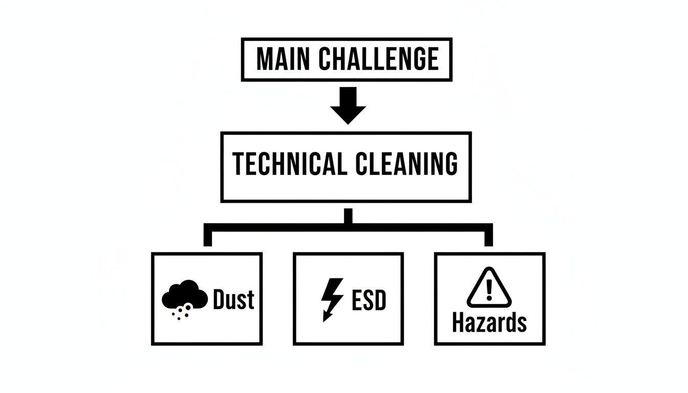 Flowchart showing technical cleaning as a main challenge, encompassing dust, ESD, and hazards.