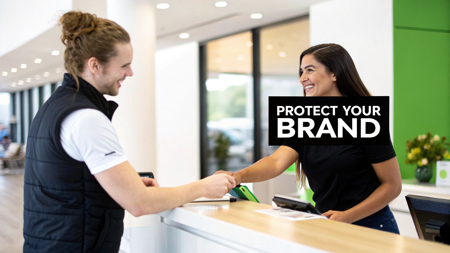 Two smiling people interacting at a service counter, with a 'PROTECT YOUR BRAND' text overlay.