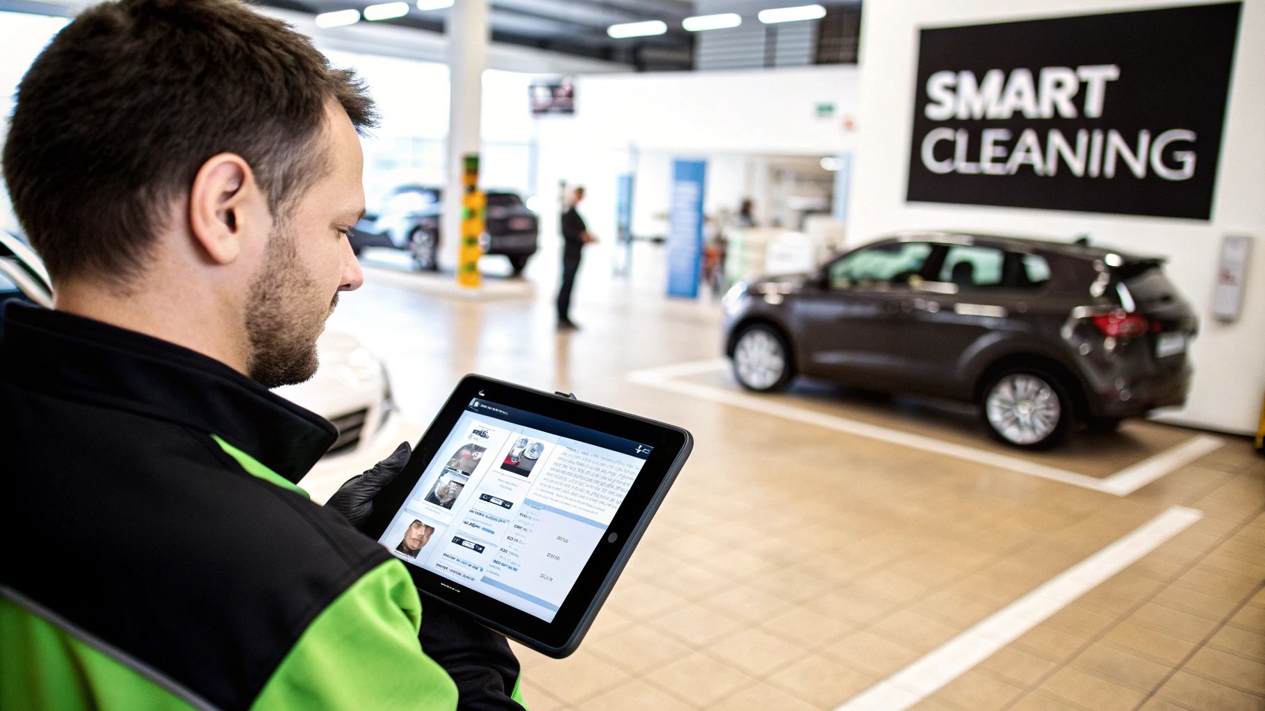 Technician in a car dealership uses a tablet, with a car and 'Smart Cleaning' sign visible.