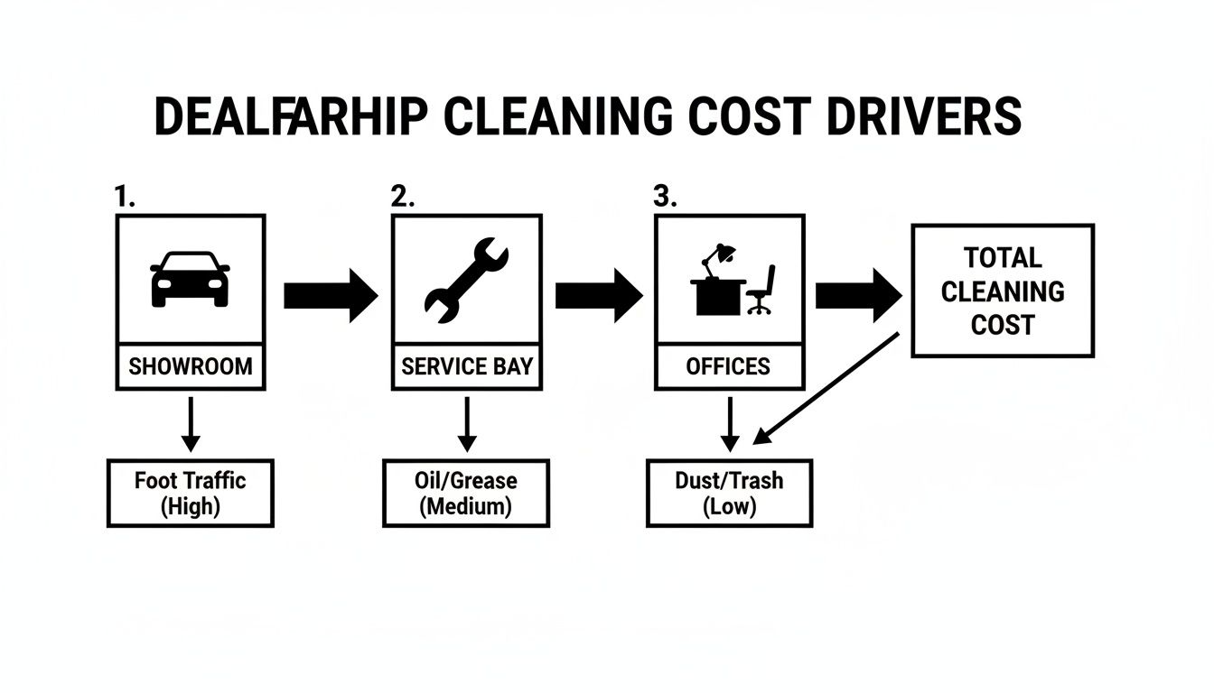 Flowchart illustrating car dealership cleaning cost drivers: showroom, service bay, and offices with their challenges.
