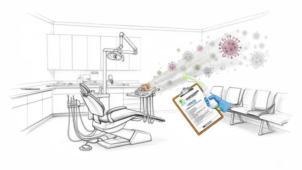 Hand in glove spraying disinfectant in a dental office, targeting viruses and cleaning surfaces.