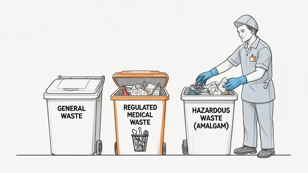 A dental professional sorts waste into bins labeled General, Regulated Medical, and Hazardous Waste (Amalgam).