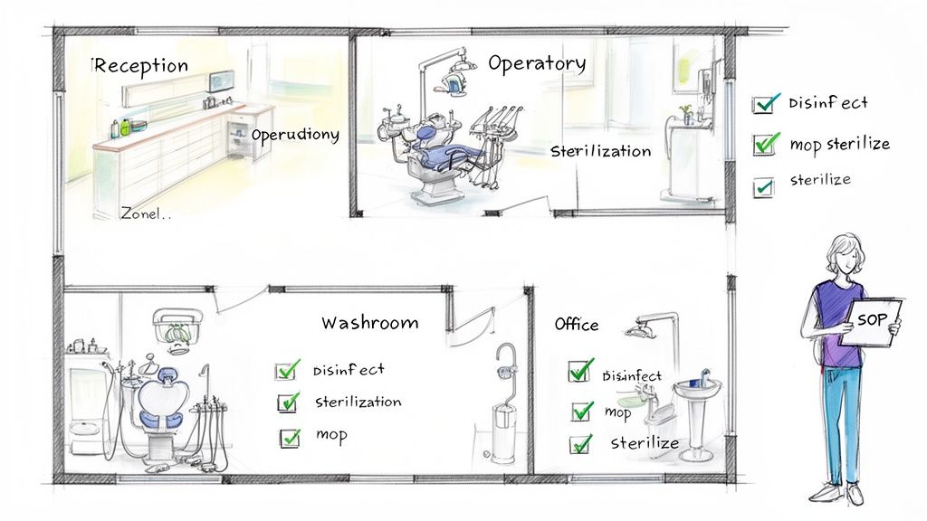 Detailed floor plan of a dental office illustrating cleaning and sterilization procedures for various rooms.