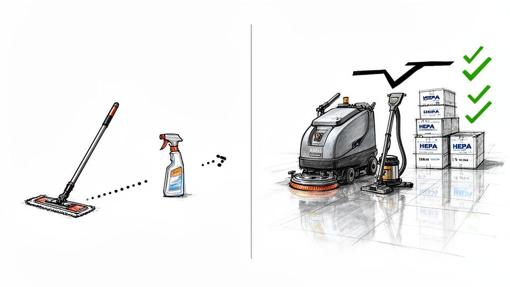 Basic cleaning tools (mop, spray bottle) compared to advanced commercial equipment (floor scrubber, vacuum, HEPA filters) for effective cleaning.