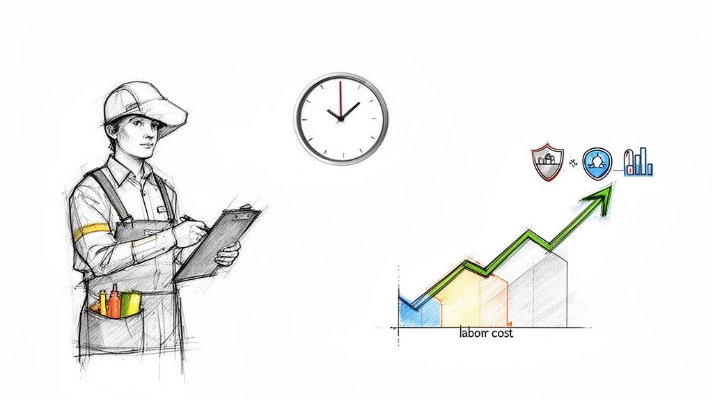 Worker with clipboard, clock, and a graph illustrating labor cost optimization and efficiency.