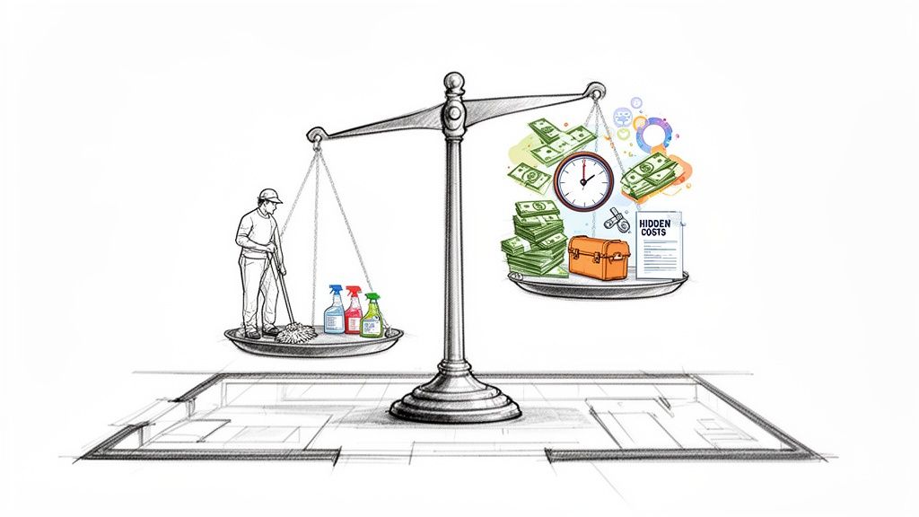 A balance scale weighs a cleaner with supplies against money, time, and hidden costs.