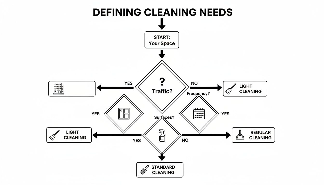 Flowchart for defining cleaning needs, considering traffic, surfaces, and frequency to determine service type.
