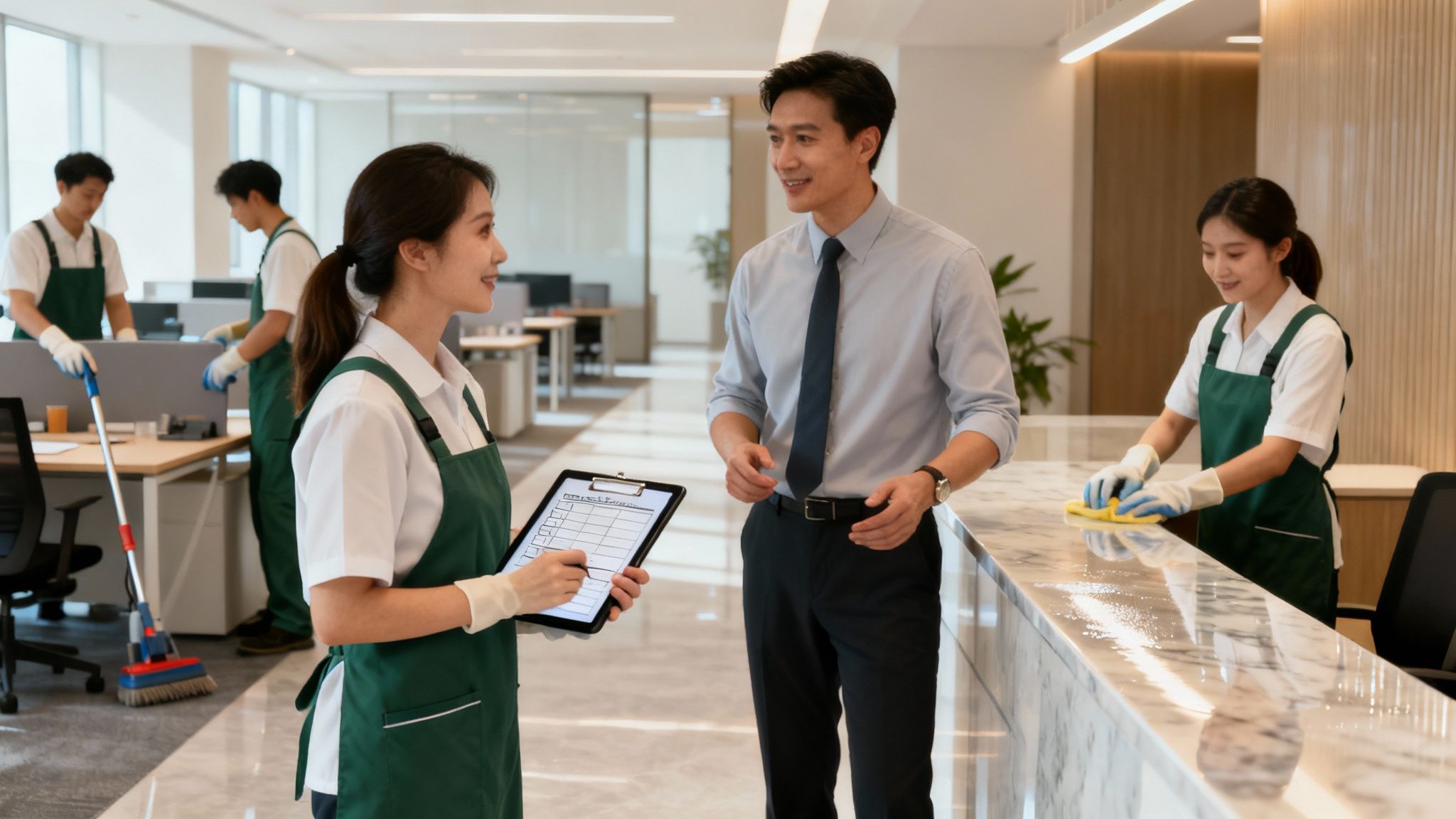 Professional cleaning staff in an office, interacting with a manager while others clean.