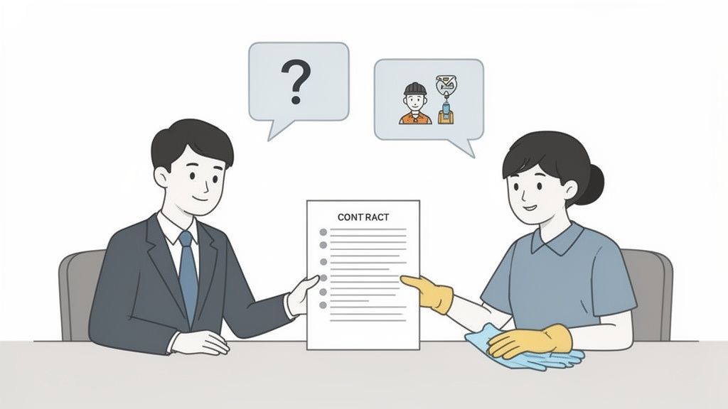 Two people, a man in a suit and a cleaning professional, discuss a contract with icons of questions and cleaning services.