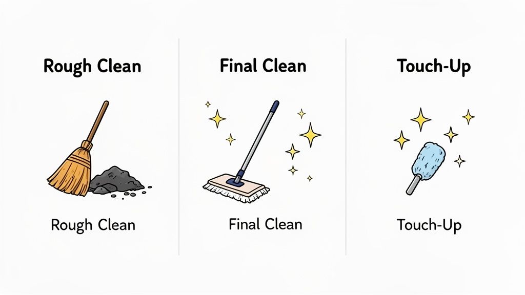 Illustrations showing three stages of cleaning: rough clean with a broom, final clean with a mop, and touch-up with a duster.