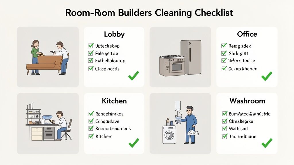 A Room-Room Builders Cleaning Checklist showing tasks for different rooms like lobby, office, kitchen, and washroom.