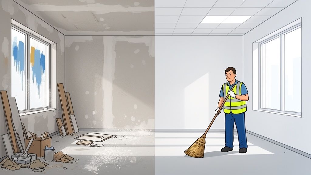 Before and after image of a room: messy construction site transformed into a clean space with a worker.