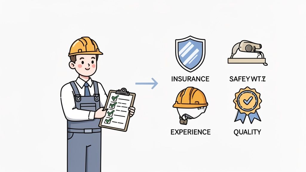 Cartoon construction worker with a checklist pointing to icons for insurance, safety, experience, and quality.