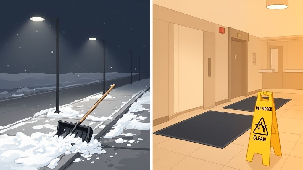 A snow-covered sidewalk at night with a shovel, next to an indoor hallway with a wet floor sign.