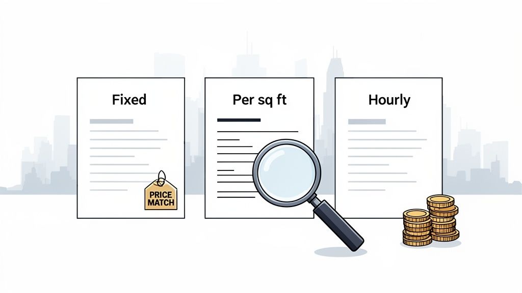 Illustration comparing three different pricing models: Fixed, Per Sq Ft, and Hourly, with a price match tag and coins.