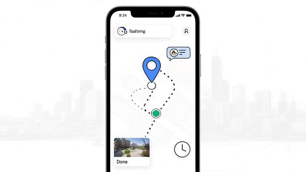 Smartphone displaying a TealTmg map app with a highlighted route, location pins, and a city photo.