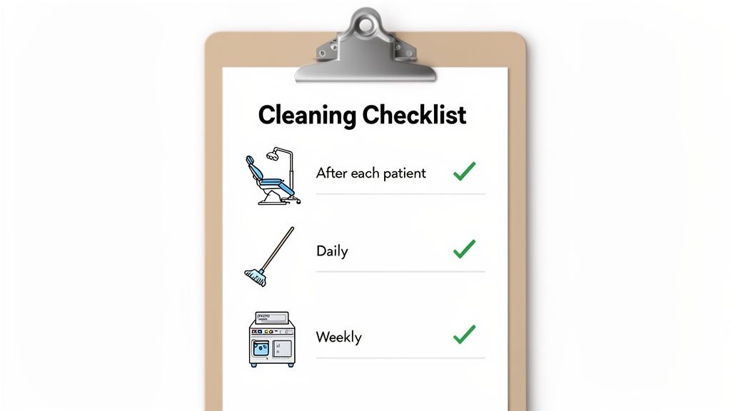 A dental clinic cleaning checklist displayed on a clipboard, showing tasks after each patient, daily, and weekly.