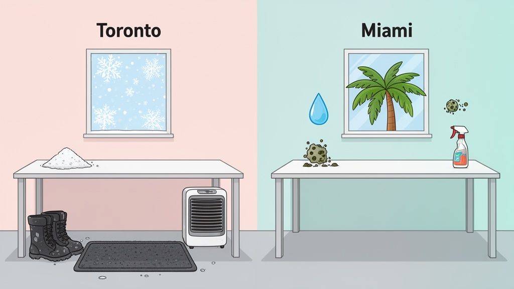 A split image contrasting cleaning challenges in snowy Toronto (boots, heater) and humid Miami (dirt, spray).