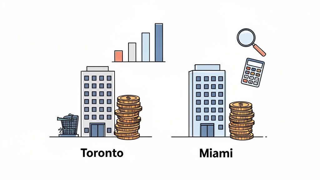 Illustration comparing economic factors and cost of living in Toronto and Miami, showing buildings, money, shopping, and data.
