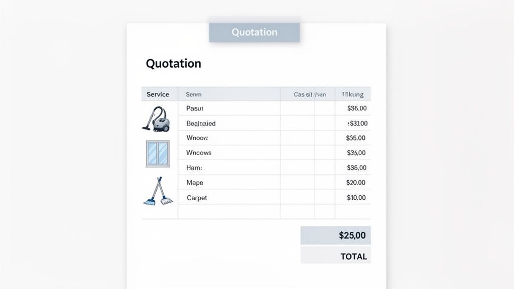 A detailed quotation document for cleaning services, listing various tasks, prices, and a total amount.