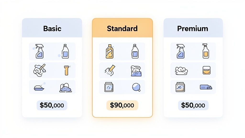 Three cleaning service pricing plans (Basic, Standard, Premium) with listed features and their respective costs.