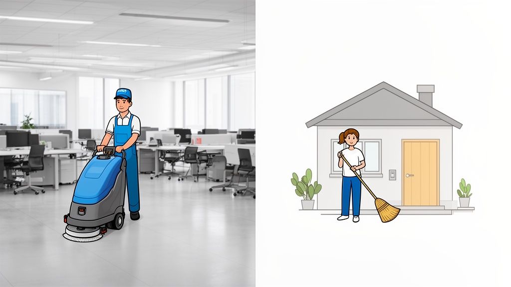 A man uses a floor scrubbing machine in a commercial office, while a woman sweeps outside a house.