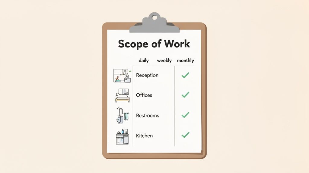 A clipboard with a 'Scope of Work' checklist detailing monthly cleaning tasks for office areas.