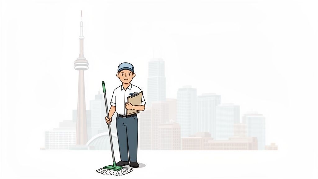 A friendly cartoon janitor holding a mop and clipboard with the Toronto city skyline in the background.
