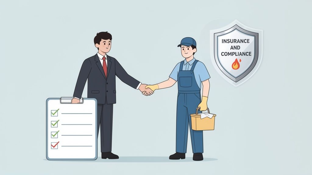 A businessman shaking hands with a cleaner, representing insured and compliant cleaning services.