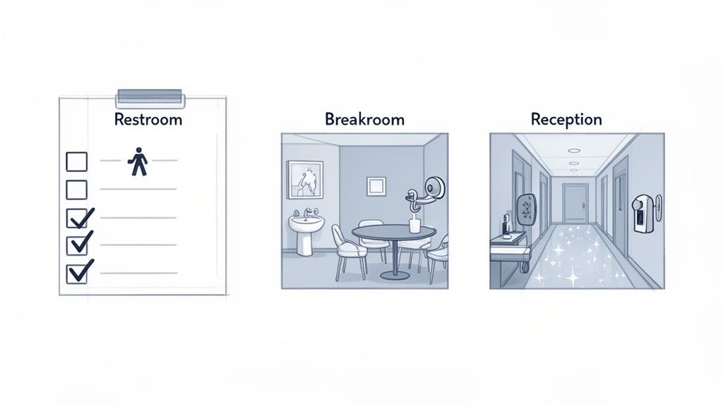 Visualizing office cleaning tasks across a restroom checklist, breakroom, and sparkling reception area.
