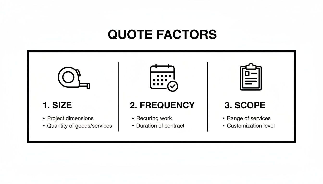 An infographic detailing three key quote factors: size, frequency, and scope, with relevant sub-points.