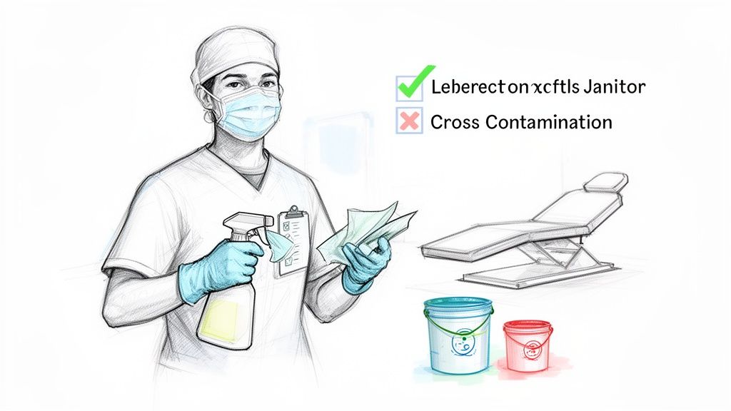 Professional janitor in a medical setting, demonstrating cleaning practices to prevent cross-contamination.
