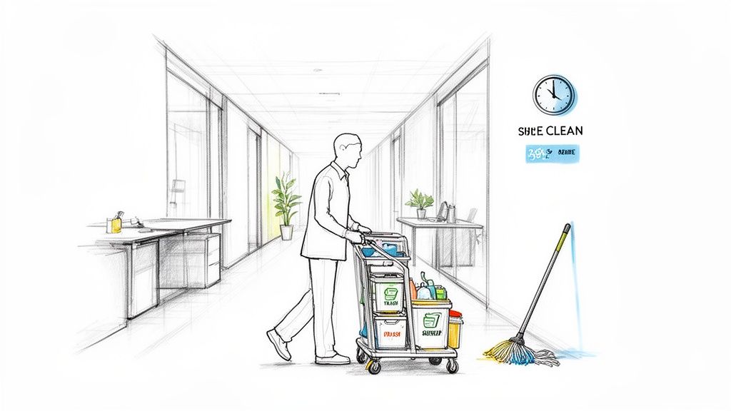 A sketch illustration of a janitor pushing a cleaning cart in an office hallway with a mop.