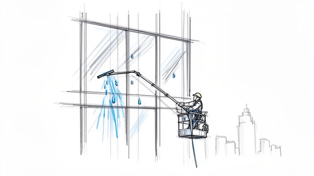 Sketch of a window washer in a suspended platform, cleaning skyscraper windows with a long pole and squeegee.