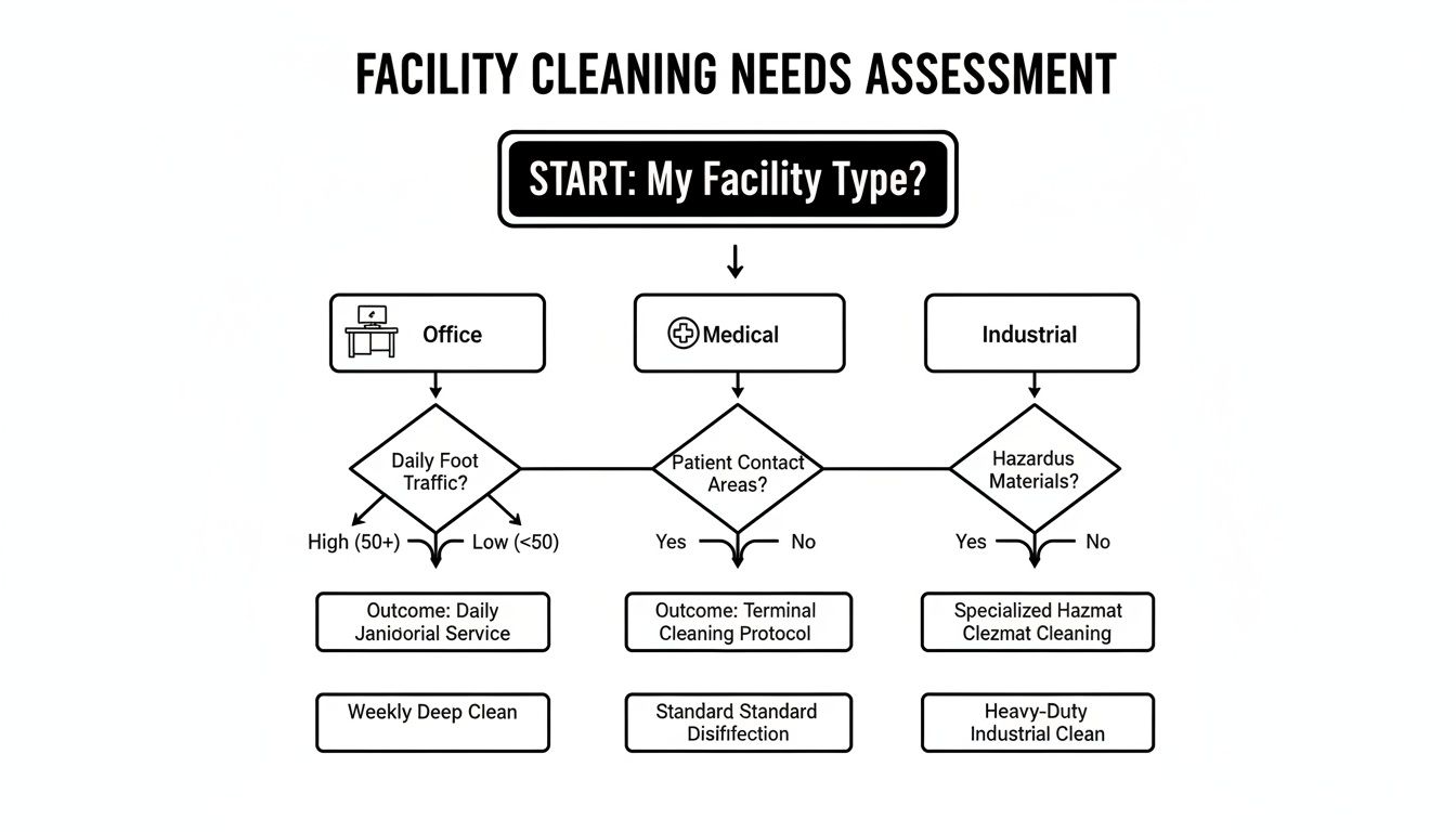 Flowchart for a facility cleaning needs assessment, outlining services for office, medical, and industrial types.