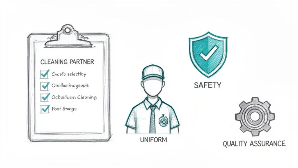 Sketch illustration showing cleaning partner checklist, uniform, safety shield, and quality assurance gear.