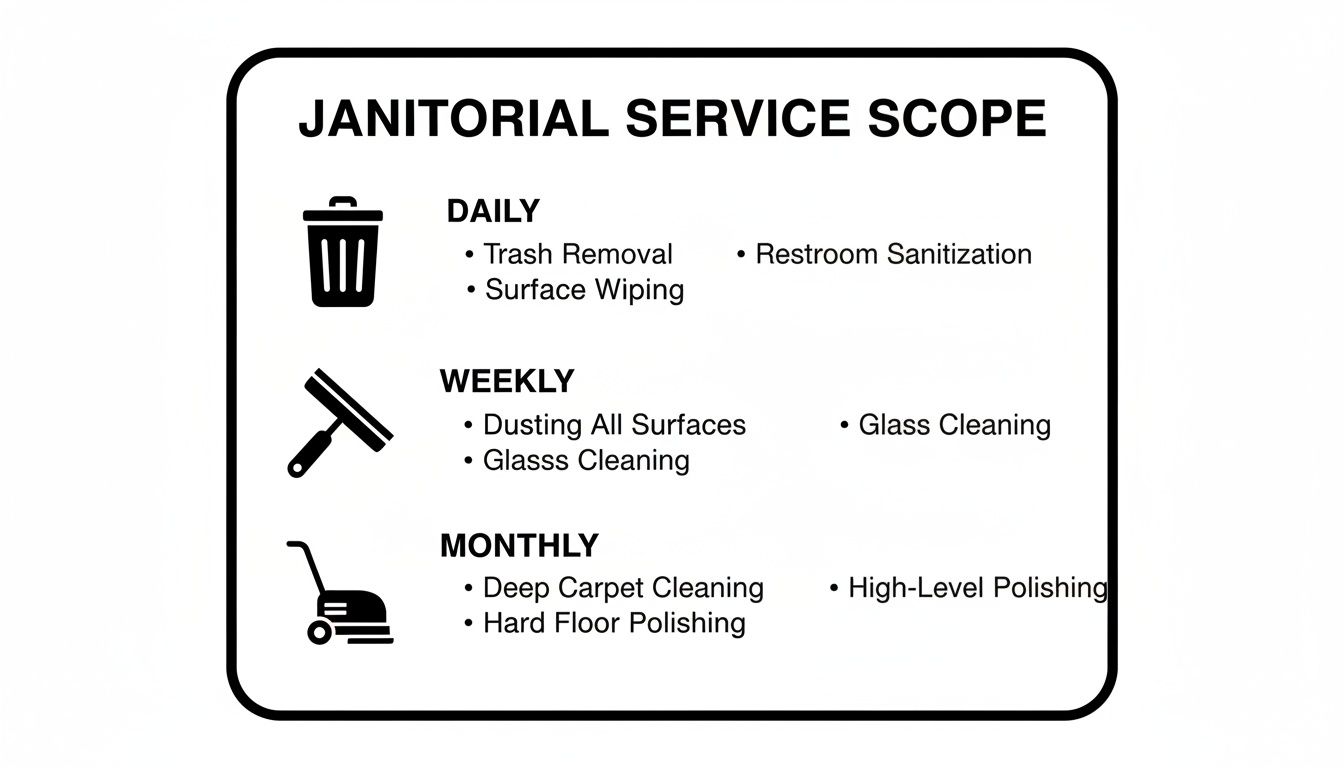 A janitorial service scope chart detailing daily, weekly, and monthly cleaning tasks.