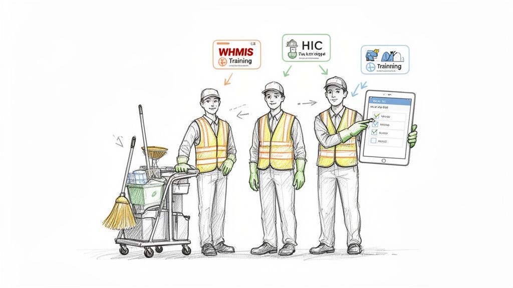 Three janitors in uniforms with cleaning equipment and a tablet, demonstrating training and work efficiency.