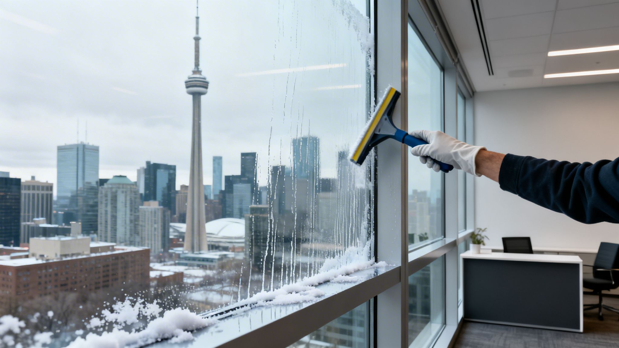 Hand in a glove using a squeegee to clean an office window overlooking snowy Toronto and the CN Tower.