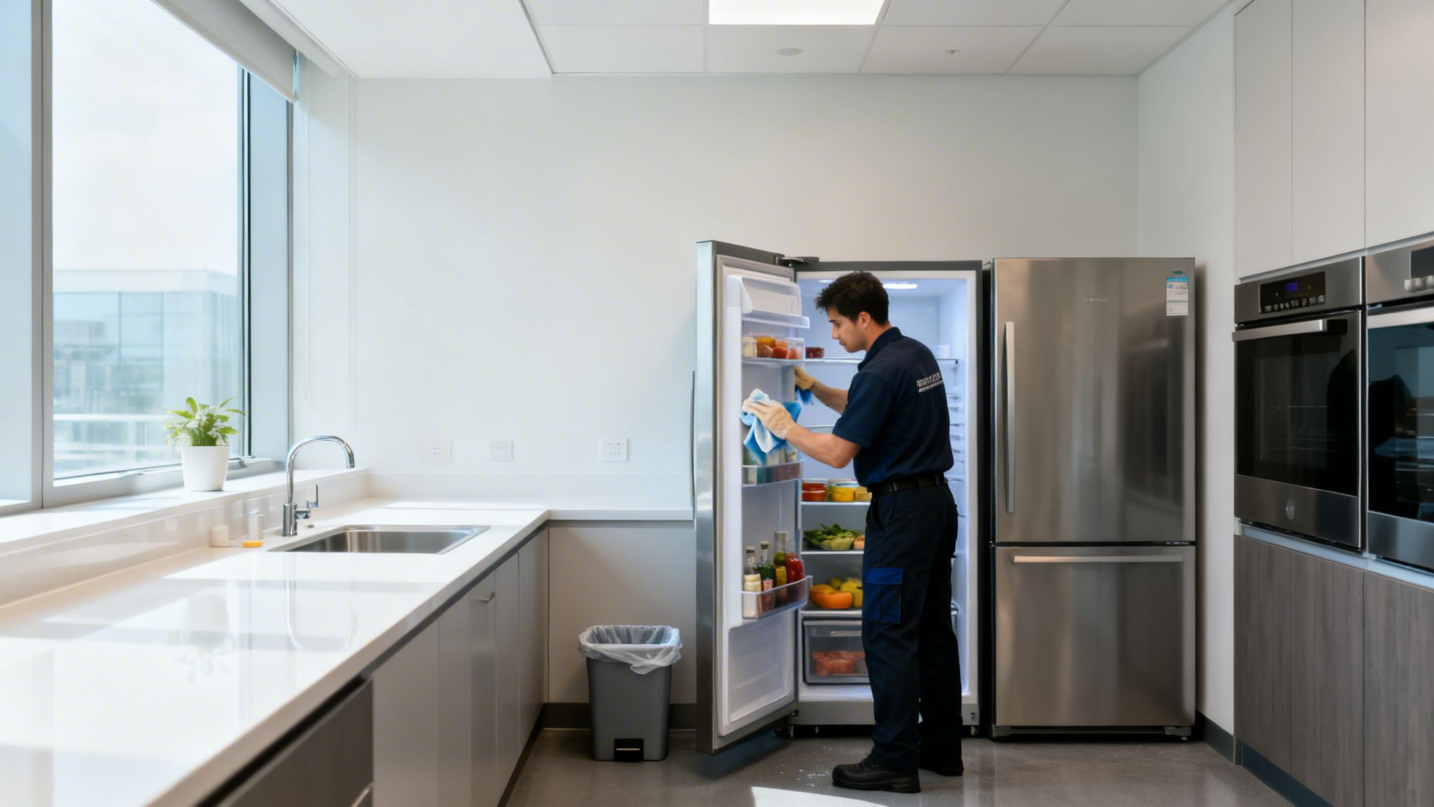 A cleaner in a blue uniform and gloves wipes the interior of an open refrigerator in a modern office kitchen.
