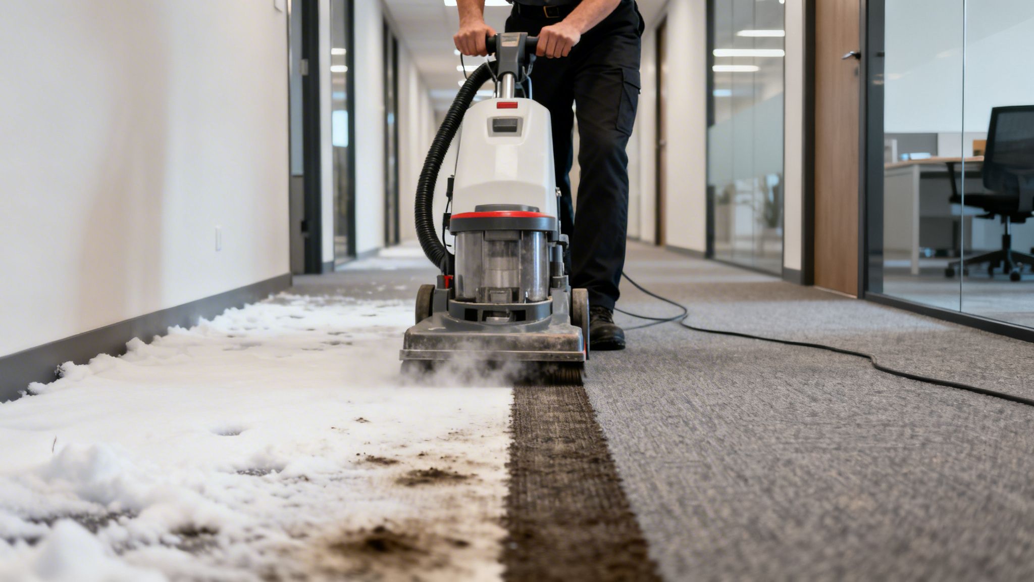 Professional carpet cleaning in an office corridor, removing dirt and foam with a machine.