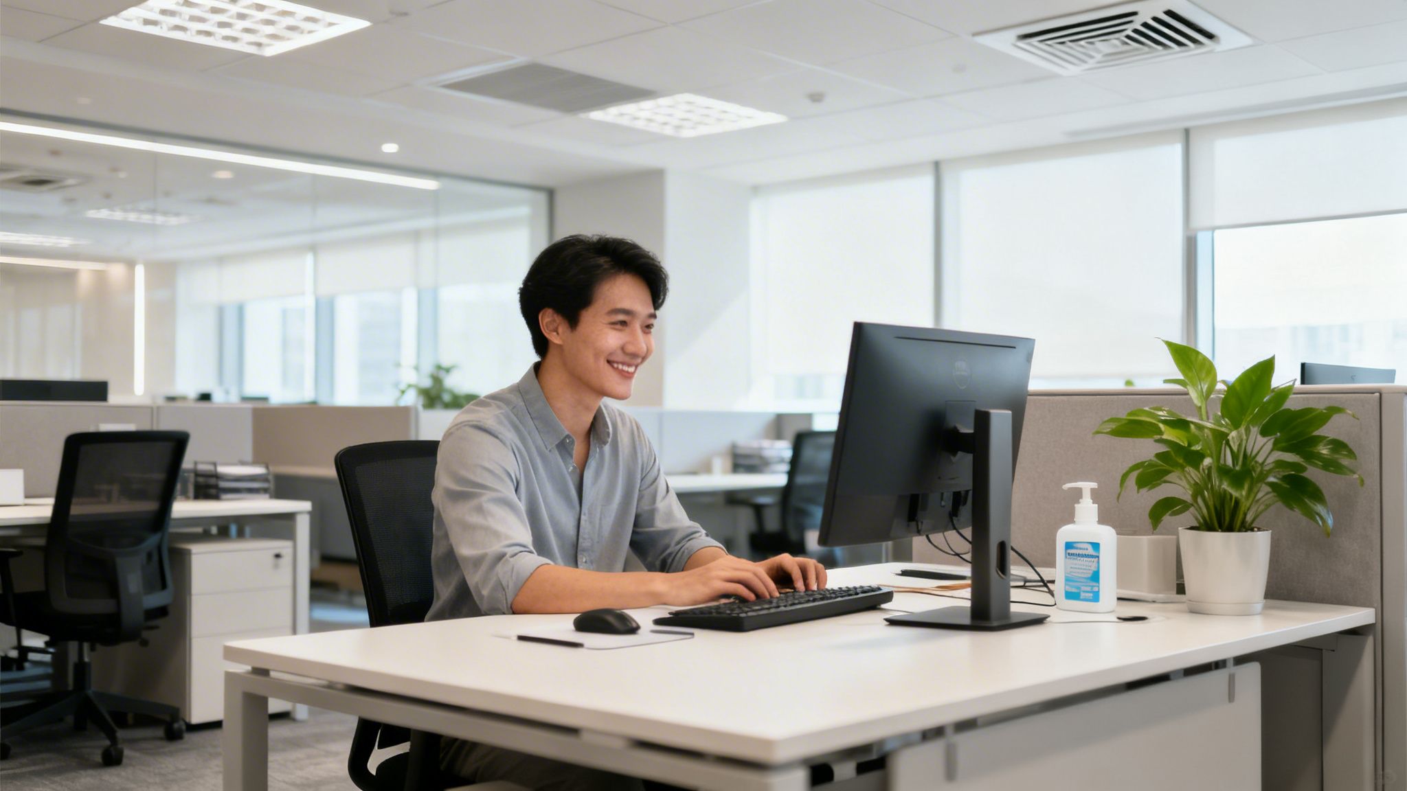 A smiling Asian man works on a computer at a clean, well-lit office desk with a plant and hand sanitizer.
