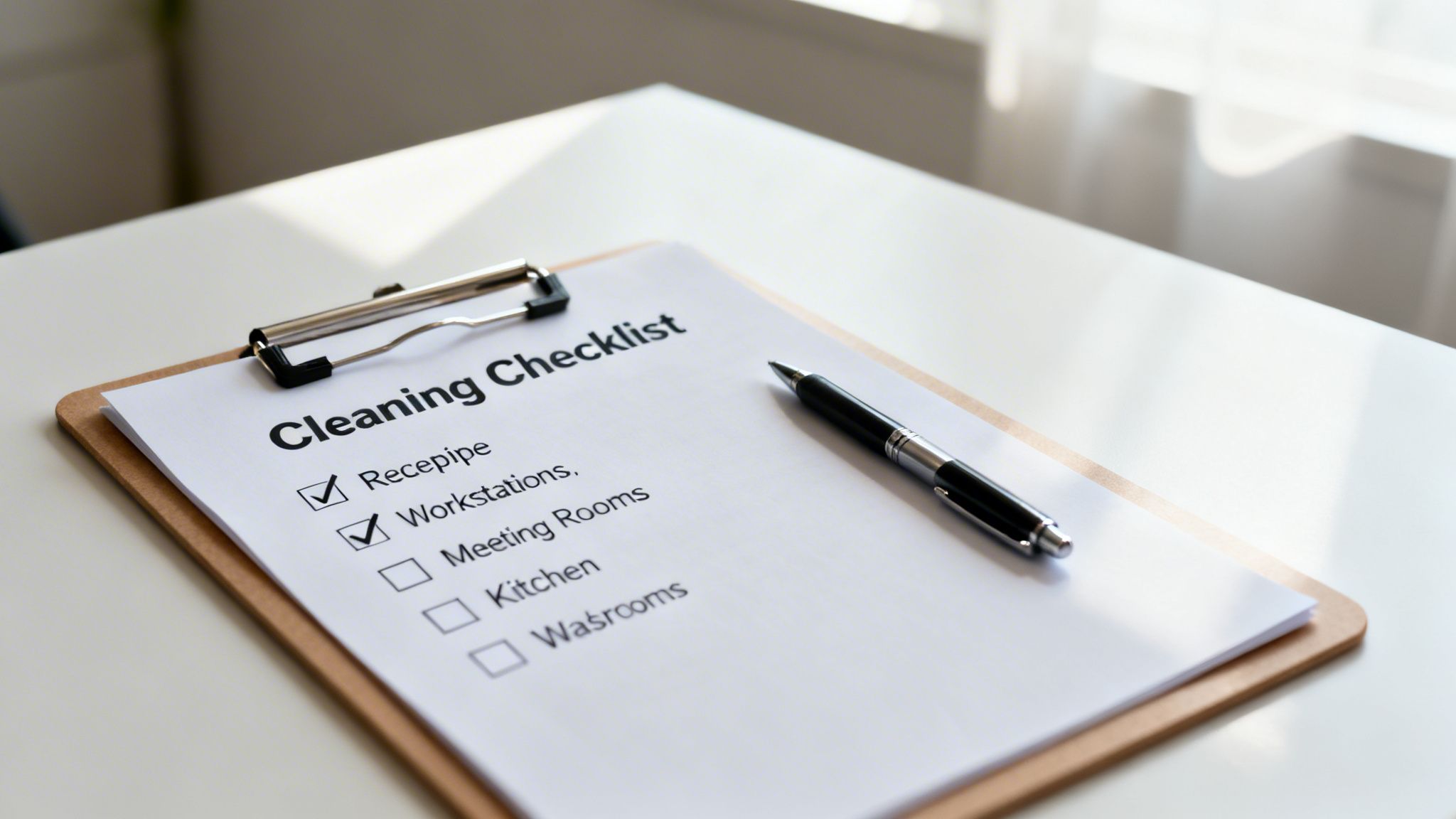 A cleaning checklist on a clipboard with a pen, showing checked and unchecked tasks for office areas.
