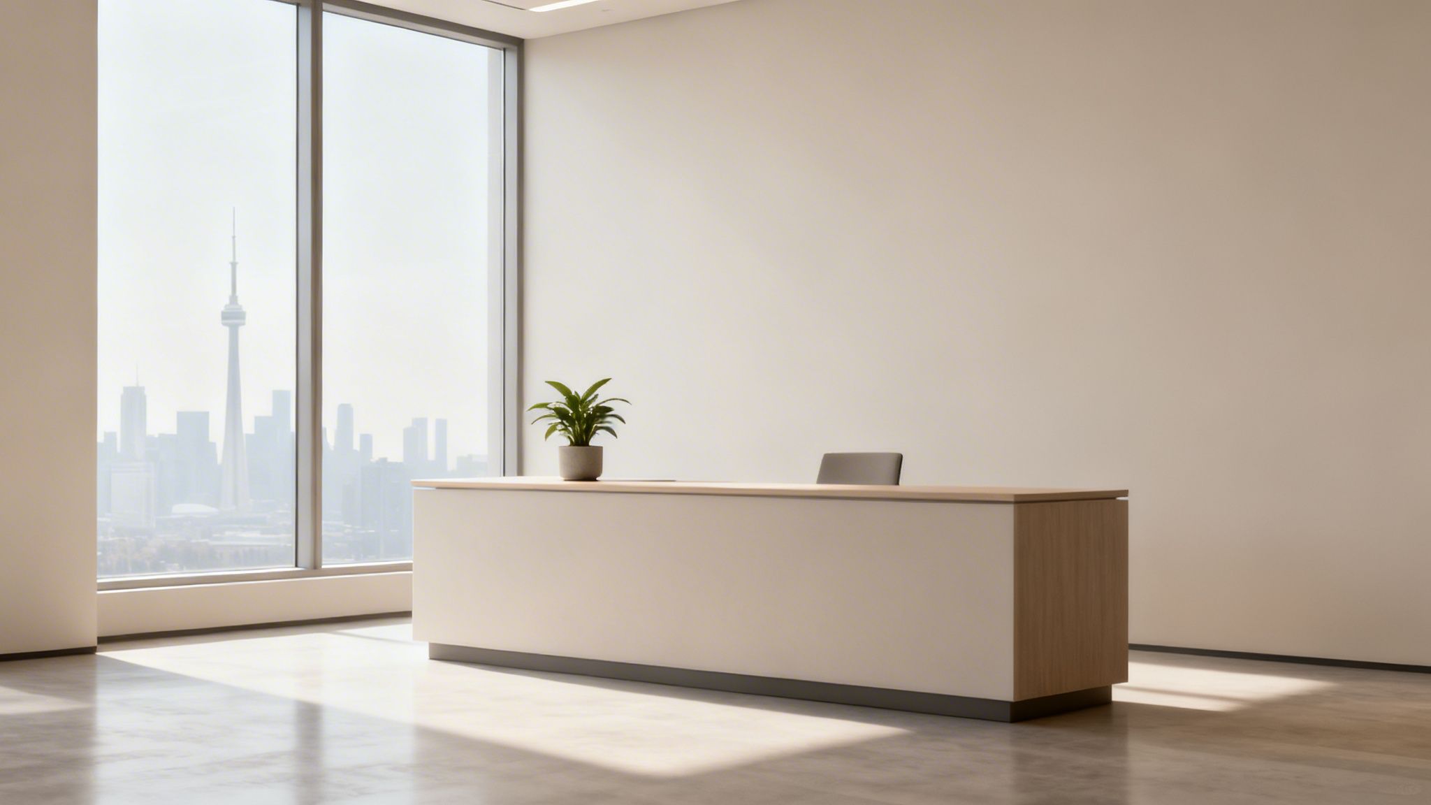 Modern reception area with a light wooden desk, plant, and city skyline view.