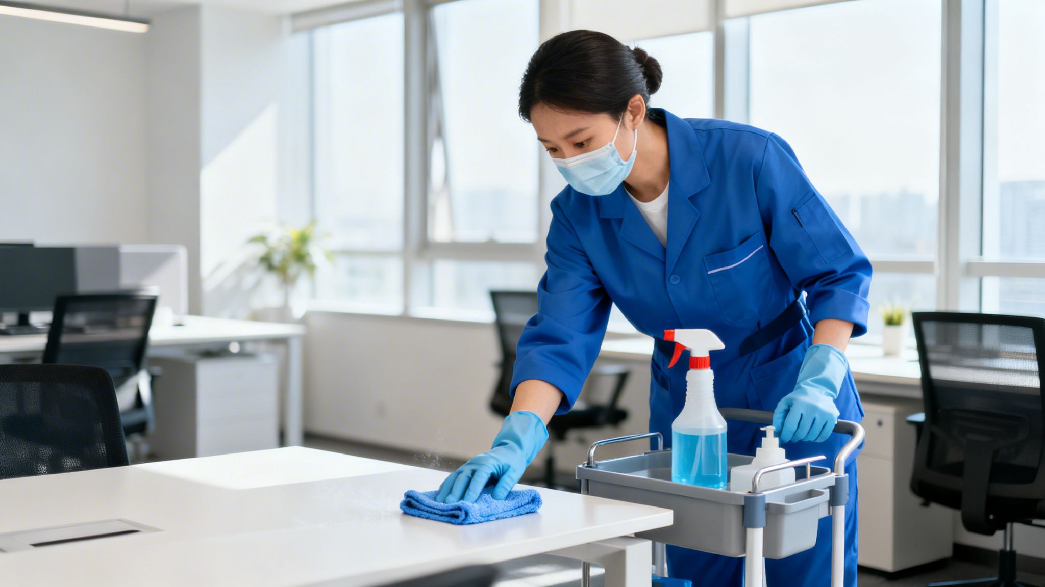 A masked cleaner in blue uniform and gloves wipes an office desk with a blue cloth, next to a cleaning cart.