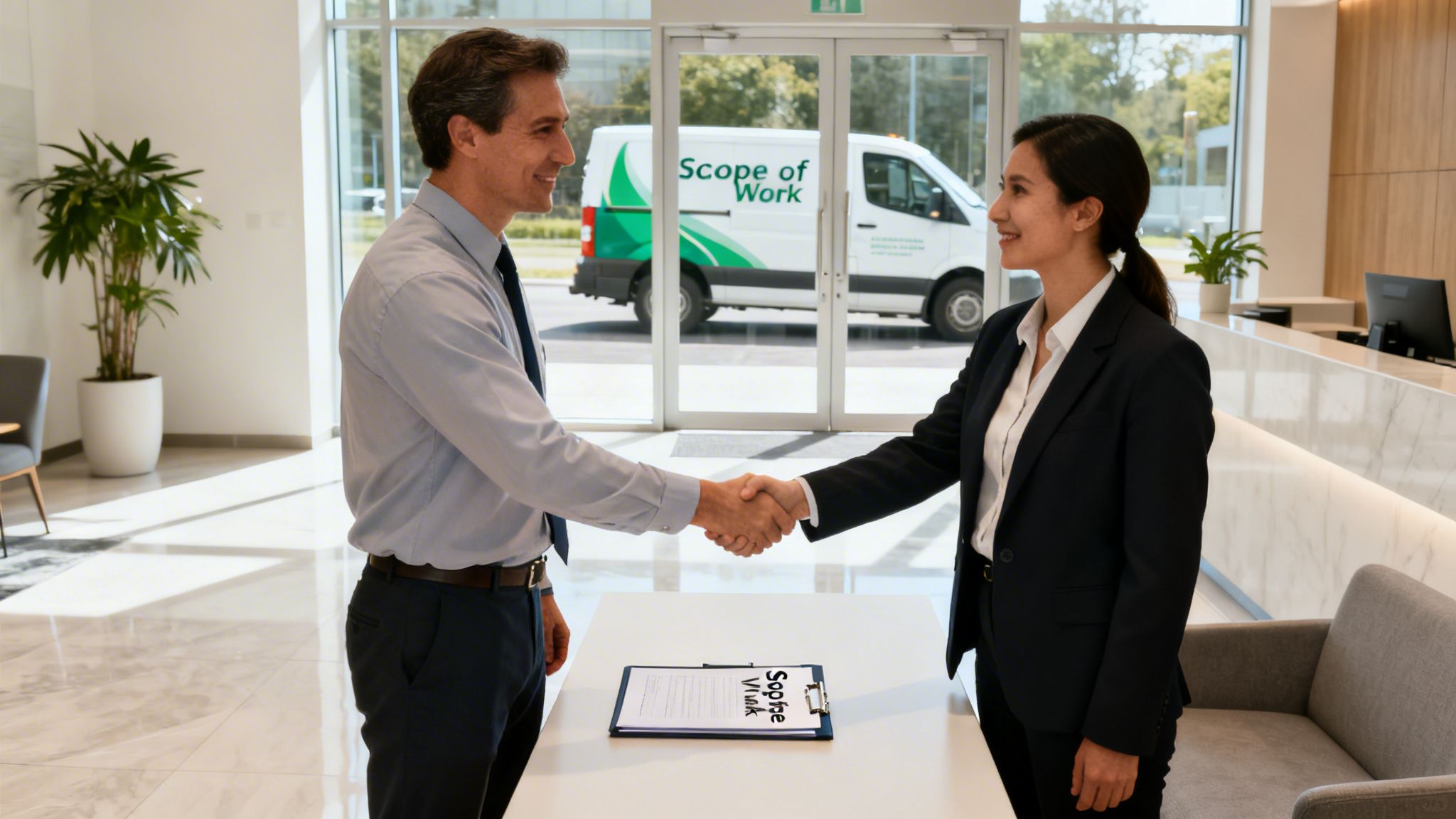 Two smiling business professionals shaking hands in a modern office lobby, a 'Scope of Work' van visible outside.