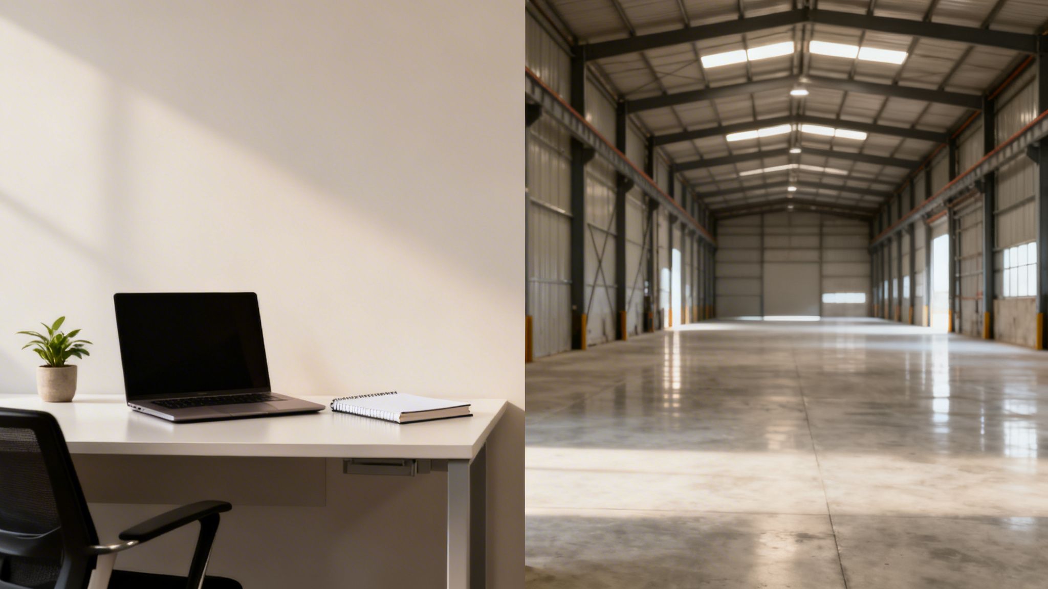 A side-by-side image showing a clean office desk with a laptop and a large, empty warehouse.