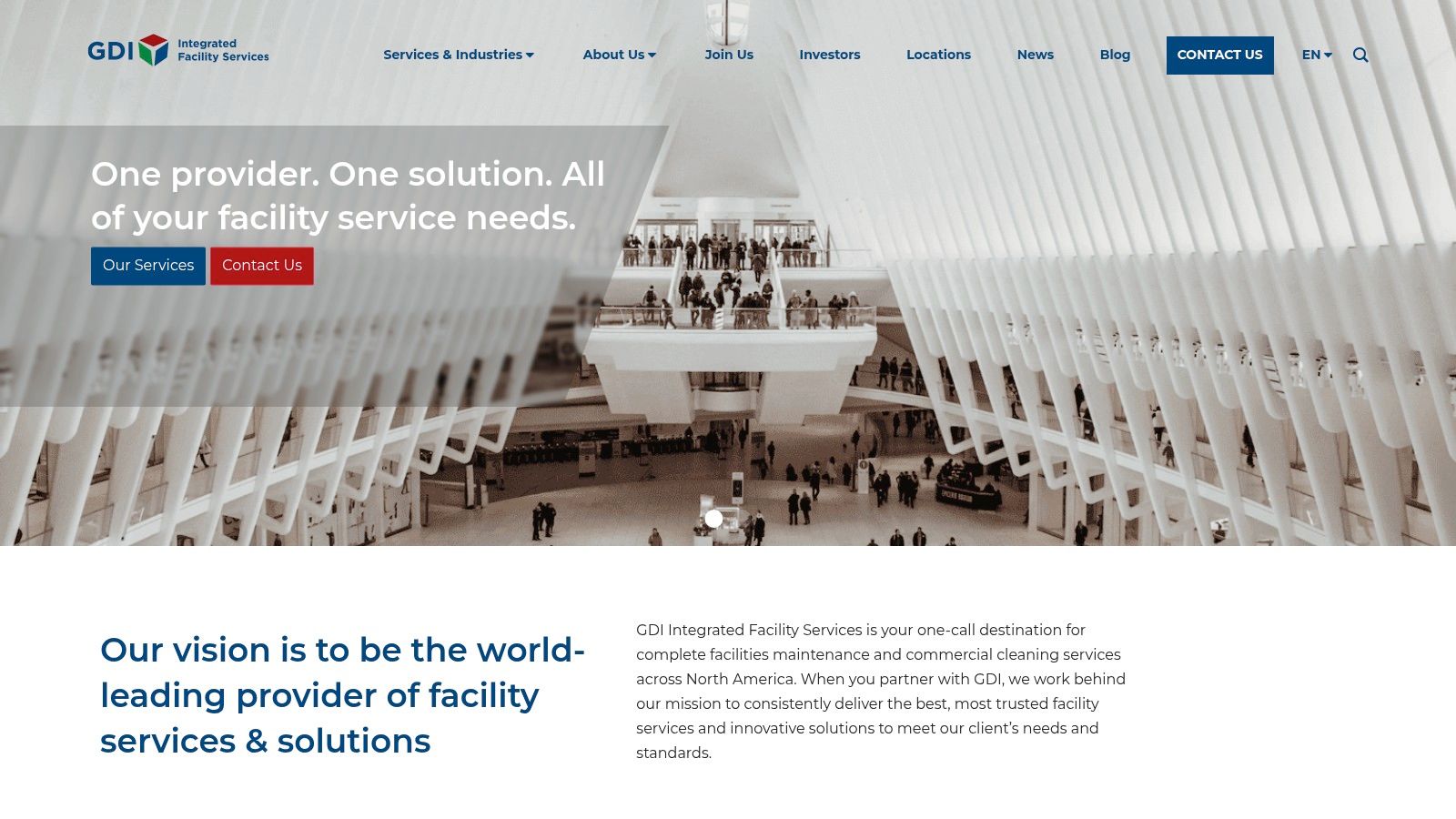 Homepage of GDI Integrated Facility Services, showcasing their commercial cleaning and facility services.